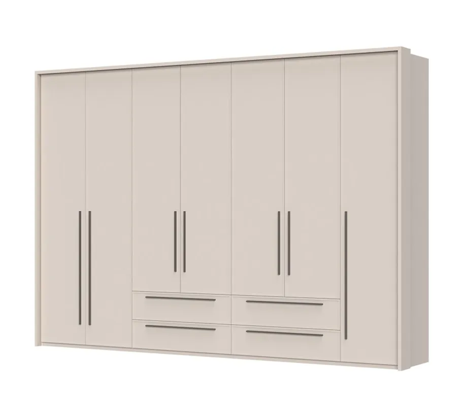 Drehtürenschrank mit Rahmen Neiafu 55, Farbe: Kaschmir, vier Schubladen, acht Einlegeböden, Maße: 226 x 322 x 60 cm, vier Kleiderstangen, für Schlafzimmer Preisreduziert