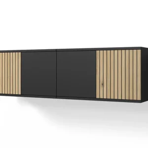Abverkauf TV-Board / TV-Schrank Valtierrilla 01, vier Türen, Farbe: Schwarz / Eiche Artisan, Push-to-open Funktion, Maße: 40 x 140 x 40 cm, für Wohnzimmer
