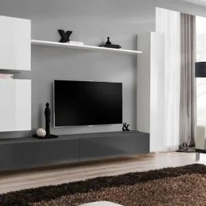 Wohnwand im außergewöhnlichen Design Balestrand 119, Farbe: Weiß / Grau - Abmessungen: 180 x 280 x 40 cm (H x B x T), mit fünf Türen Neuheit