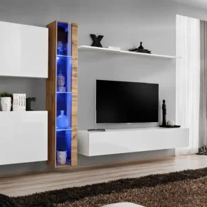 Edle Wohnwand Balestrand 251, Farbe: Eiche Wotan / Weiß - Abmessungen: 180 x 330 x 40 cm (H x B x T), mit genügend Stauraum Ausverkauf