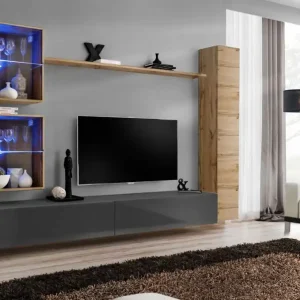 Top-Angebot Wohnwand im edlen Design Balestrand 287, Farbe: Eiche Wotan / Grau - Abmessungen: 180 x 280 x 40 cm (H x B x T), mit LED-Beleuchtung