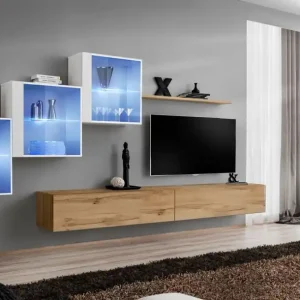 Echt Wohnwand mit zwei TV-Unterschränke Balestrand 316, Farbe: Weiß / Eiche Wotan - Abmessungen: 150 x 330 x 40 cm (H x B x T)