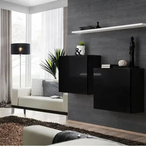 Knallerangebot Zwei elegante Hängeschränke mit Wandregal Balestrand 326, Farbe: Schwarz / Weiß - Abmessungen: 110 x 130 x 30 cm (H x B x T), mit Push-to-open Funktion