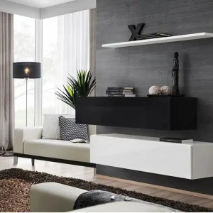 Zwei elegante TV-Unterschränke Balestrand 343, Farbe: Weiß / Schwarz - Abmessungen: 110 x 130 x 30 cm (H x B x T), mit vier Fächern Gratis Versand