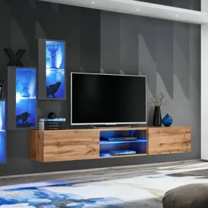 Wohnwand mit drei Hängevitrinen Volleberg 32, Farbe: Grau / Eiche Wotan - Abmessungen: 120 x 210 x 40 cm (H x B x T), mit fünf Türen Meistverkauft