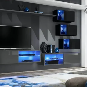 Wohnwand mit zwei TV-Unterschränke Volleberg 57, Farbe: Grau / Schwarz - Abmessungen: 150 x 250 x 40 cm (H x B x T), mit blauer LED-Beleuchtung Nur Heute