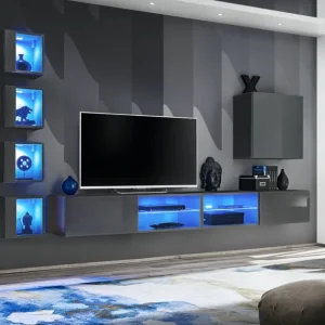 Bestseller Wohnzimmerwand hängend Volleberg 83, Farbe: Grau - Abmessungen: 150 x 280 x 40 cm (H x B x T), mit Push-to-open Funktion