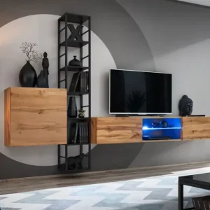 Knallerangebot Wohnwand Wohnzimmer Valand 24, Farbe: Eiche Wotan - Abmessungen: 175 x 270 x 40 cm (H x B x T), mit blauer LED-Beleuchtung