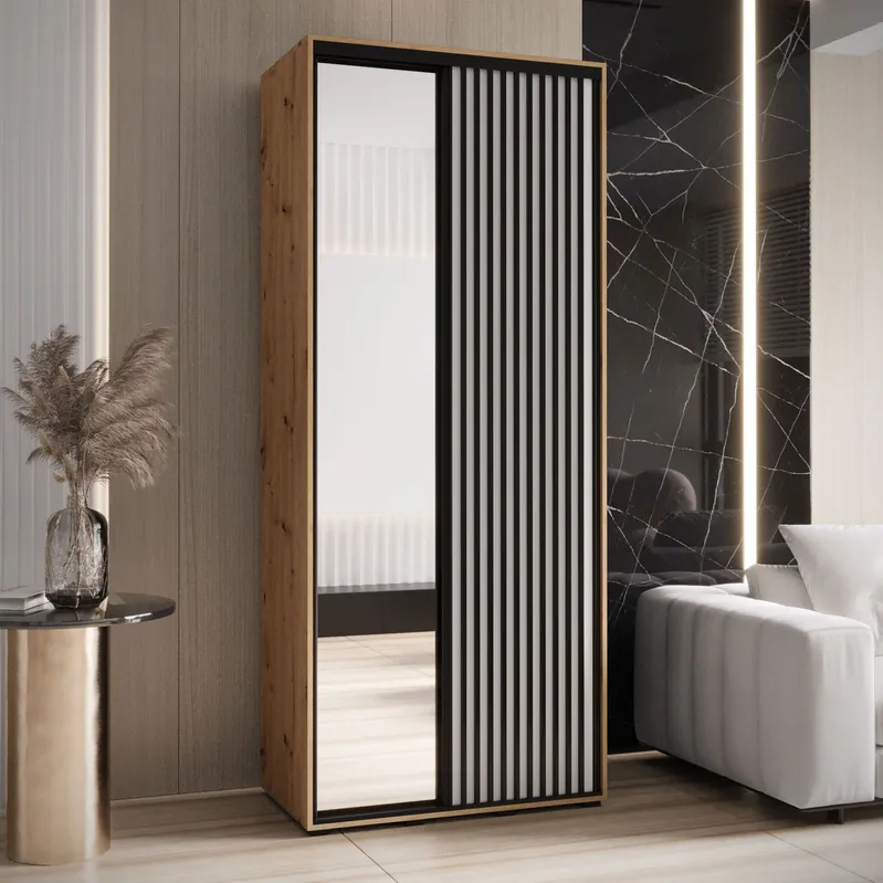 Kleiderschrank mit Spiegel Mina in Weiß/Eiche, auch für Wohnzimmer geeignet, Anti Staubbürsten, Metallgriff in schwarz, 235,2 x 120 x 60 cm, Einlegeböden Wochenendangebot