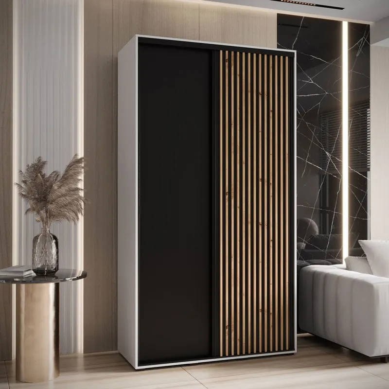 Neu Platzsparender Kleiderschrank Tharo mit Schiebetüren in Weiß/Schwarz gehalten, Anti Staubbürsten enthalten, viel Stauraum, 235,2 x 130 x 45 cm, modern