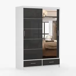 Gratis Versand Schiebetürenschrank / Kleiderschrank mit Spiegel | 218 x 150 x 61 cm | Schwarz / Weiß | Lusatian 03 | 2 Türen | 2 Schubladen | 6 Fächer | Zweifarbig
