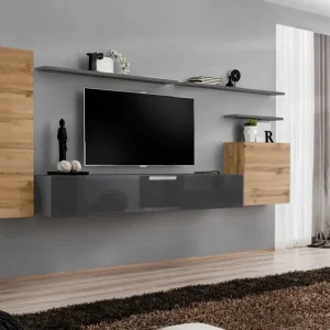 Must-Have Moderne Wohnwand Balestrand 15, Farbe: Eiche Wotan / Grau - Abmessungen: 160 x 330 x 40 cm (H x B x T), mit vier Türen