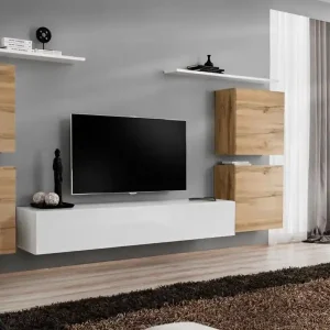 Abverkauf Wohnwand im modernen Stil Balestrand 59, Farbe: Eiche Wotan / Weiß - Abmessungen: 150 x 320 x 40 cm (H x B x T), mit genügend Stauraum