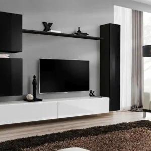 Außergewöhnliche Wohnwand Balestrand 118, Farbe: Schwarz / Weiß - Abmessungen: 180 x 280 x 40 cm (H x B x T), mit fünf Türen Letzte Chance