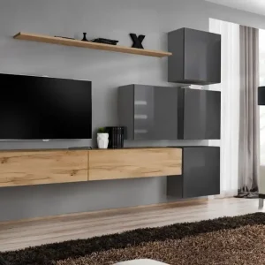 Moderne Wohnwand Balestrand 143, Farbe: Eiche Wotan / Grau - Abmessungen: 200 x 310 x 40 cm (H x B x T), mit genügend Stauraum Top-Seller