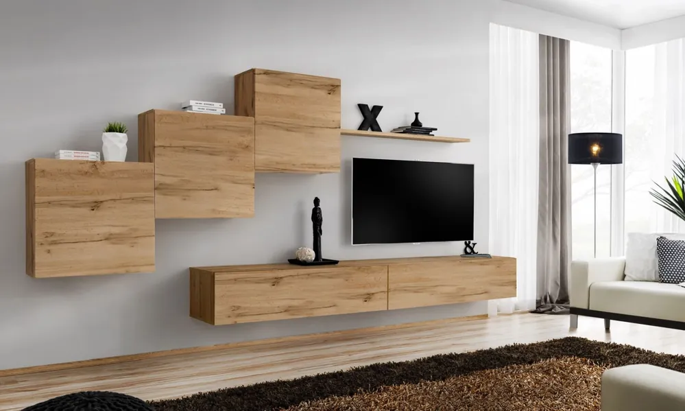 Begrenztes Angebot Stylische Wohnwand Balestrand 147, Farbe: Grau - Abmessungen: 150 x 330 x 40 cm (H x B x T), mit genügend Stauraum