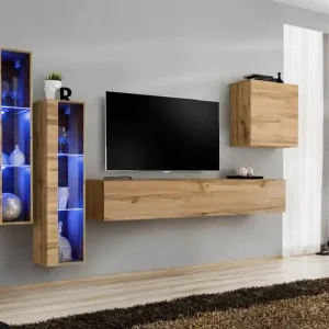 Kostenloser Versand Wohnwand im modernen Design Balestrand 196, Farbe: Eiche Wotan - Abmessungen: 160 x 330 x 40 cm (H x B x T), mit Push-to-open Funktion