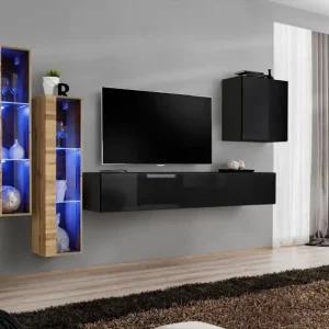 Wohnwand im edlen Design Balestrand 205, Farbe: Eiche Wotan / Schwarz - Abmessungen: 160 x 330 x 40 cm (H x B x T), mit genügend Stauraum Sale