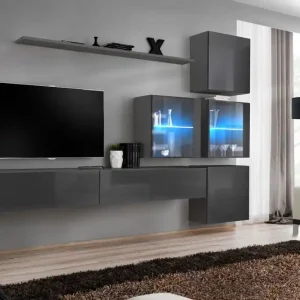 Moderne Wohnwand Balestrand 291, Farbe: Grau - Abmessungen: 200 x 310 x 40 cm (H x B x T), mit Push-to-open Funktion Bestseller