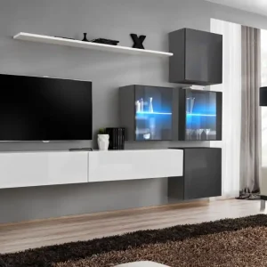 Abverkauf Wohnwand mit zwei Hängevitrinen Balestrand 295, Farbe: Weiß / Grau - Abmessungen: 200 x 310 x 40 cm (H x B x T), mit LED-Beleuchtung