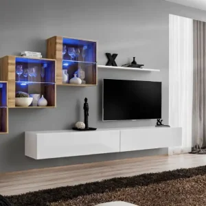 Wohnwand mit drei Hängevitrinen Balestrand 315, Farbe: Eiche Wotan / Weiß - Abmessungen: 150 x 330 x 40 cm (H x B x T) Kostenfreie Lieferung