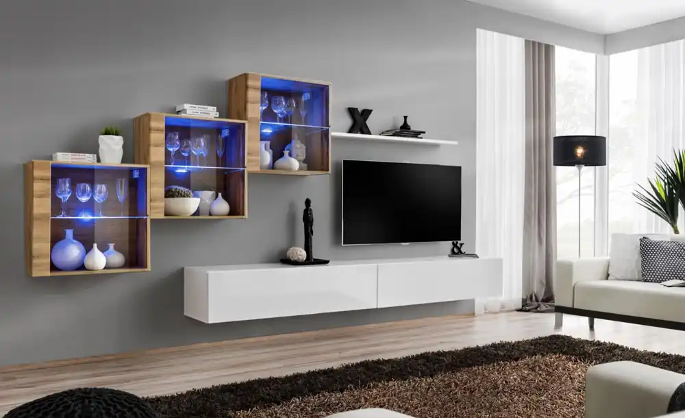 Wohnwand mit drei Hängevitrinen Balestrand 315, Farbe: Eiche Wotan / Weiß - Abmessungen: 150 x 330 x 40 cm (H x B x T) Kostenfreie Lieferung