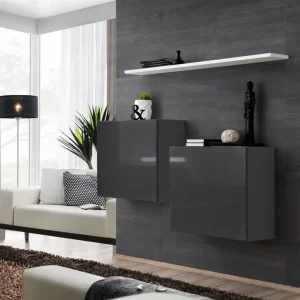 Markenware Stylische zwei Hängeschränke mit Wandregal Balestrand 328, Farbe: Grau / Weiß - Abmessungen: 110 x 130 x 30 cm (H x B x T), mit genügend Stauraum