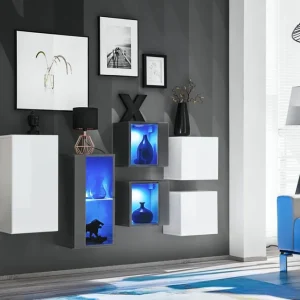 Stylisches 6er Set Hängeschränke / Hängevitrinen Volleberg 103, Farbe: Weiß / Grau - Abmessungen: 80 x 150 x 25 cm (H x B x T), mit Push-to-open Funktion Sofort Bestellen