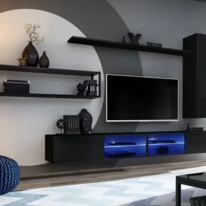 Hängende Wohnwand Valand 14, Farbe: Schwarz - Abmessungen: 170 x 300 x 40 cm (H x B x T), mit Push-to-open Funktion Günstig