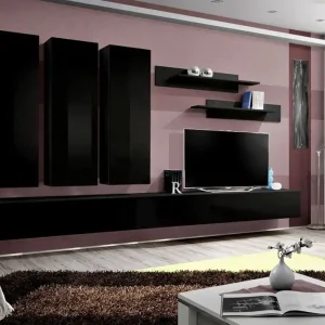 Wohnzimmer Wohnwand hängend Hompland 44, Farbe: Schwarz - Abmessungen: 170 x 320 x 40 cm (H x B x T), mit genügend Stauraum Nur Für Kurze Zeit