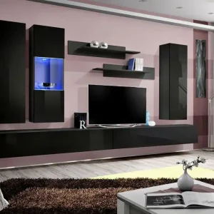 Garantierte Lieferung Außergewöhnliche Wohnwand Hompland 60, Farbe: Schwarz - Abmessungen: 170 x 320 x 40 cm (H x B x T), mit blauer LED-Beleuchtung