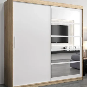 Schiebetürenschrank / Kleiderschrank Aizkorri 05A mit Spiegel, Farbe: Eiche Sonoma / Weiß matt - Abmessungen: 200 x 200 x 62 cm (H x B x T) Bestseller
