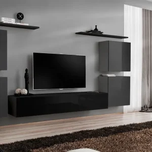 Abverkauf Wohnwand Balestrand 57, Farbe: Grau / Schwarz - Abmessungen: 150 x 320 x 40 cm (H x B x T), mit genügend Stauraum