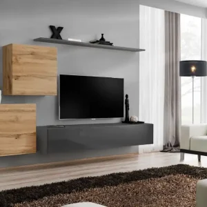 Wohnwand im eleganten Design Balestrand 79, Farbe: Eiche Wotan / Grau - Abmessungen: 150 x 250 x 40 cm (H x B x T), mit sieben Fächern Top-Preis