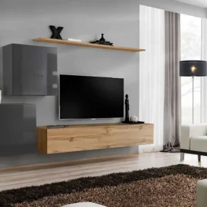 Elegante Wohnwand Balestrand 80, Farbe: Grau / Eiche Wotan - Abmessungen: 150 x 250 x 40 cm (H x B x T), mit drei Türen Neue Kollektion