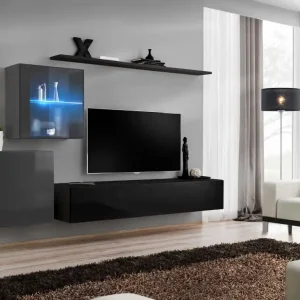 Wohnwand im außergewöhnlichen Design Balestrand 233, Farbe: Grau / Schwarz - Abmessungen: 150 x 250 x 40 cm (H x B x T), mit Push-to-open Funktion Bestpreis