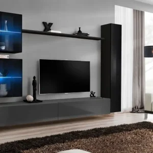 Neu Im Sortiment Wohnwand mit einen Hängeschrank Balestrand 282, Farbe: Schwarz / Grau - Abmessungen: 180 x 280 x 40 cm (H x B x T), mit LED-Beleuchtung