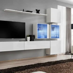 Jetzt Bestellen Schlichte Wohnwand Balestrand 289, Farbe: Weiß - Abmessungen: 200 x 310 x 40 cm (H x B x T), mit LED-Beleuchtung