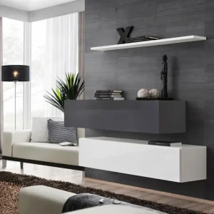 Zwei edle TV-Unterschränke mit Wandregal Balestrand 345, Farbe: Weiß / Grau - Abmessungen: 110 x 130 x 30 cm (H x B x T), mit Push-to-open Funktion Neu Im Sortiment