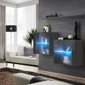 Zwei moderne Hängevitrinen Balestrand 356, Farbe: Grau - Abmessungen: 110 x 130 x 30 cm (H x B x T), mit Wandregal Neue Kollektion