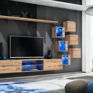 Außergewöhnliche Wohnwand mit Push-to-open Funktion Volleberg 04, Farbe: Eiche Wotan - Abmessungen: 140 x 260 x 40 cm (H x B x T), mit LED-Beleuchtung Preis Gesenkt