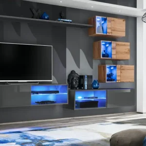 Online Kaufen Wohnzimmer Wohnwand Volleberg 64, Farbe: Grau / Eiche Wotan - Abmessungen: 150 x 250 x 40 cm (H x B x T), mit genügend Stauraum