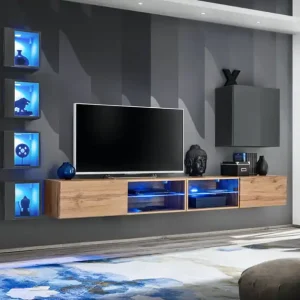 Sonderangebot Wohnwand im stylischen Design 95, Farbe: Eiche Wotan / Grau - Abmessungen: 150 x 280 x 40 cm (H x B x T), mit genügend Stauraum