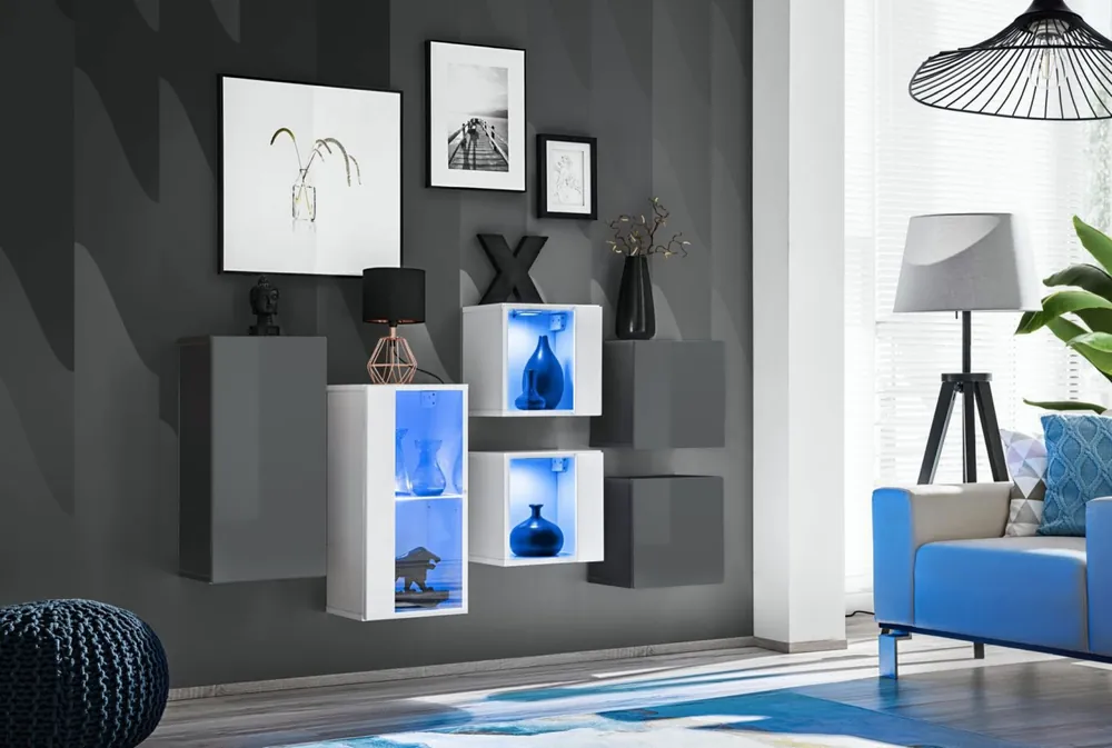 Hängeschränke / Hängevitrinen Set mit edlen Design Volleberg 104, Farbe: Grau / Weiß - Abmessungen: 80 x 150 x 25 cm (H x B x T), mit genügend Stauraum Top-Seller