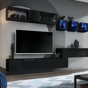 Saisonangebot Wohnwand mit drei Hängevitrinen Valand 10, Farbe: Schwarz - Abmessungen: 170 x 280 x 40 cm (H x B x T), mit Push-to-open Funktion