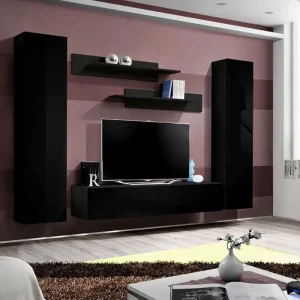 Kostenloser Rückversand Dunkle Wohnzimmer Wohnwand Hompland 04, Farbe: Schwarz - Abmessungen: 170 x 260 x 40 cm (H x B x T), mit Push-to-open Funktion