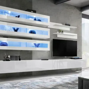 Wohnzimmer Wohnwand Hompland 101, Farbe: Weiß - Abmessungen: 180 x 320 x 40 cm (H x B x T), mit blauer LED-Beleuchtung Super-Preis