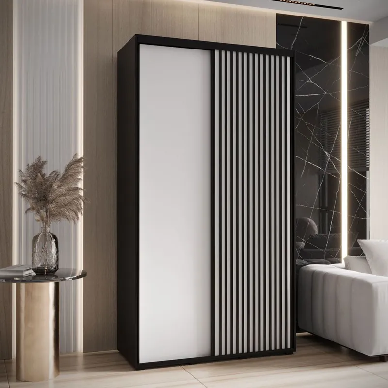 Solange Der Vorrat Reicht Schiebetürenschrank Mina in Schwarz/Weiß, viel Stauraum, Vorderseite aus Laminat Platten, Anti Staubbürsten, 235,2 x 140 x 60 cm, robustes Material
