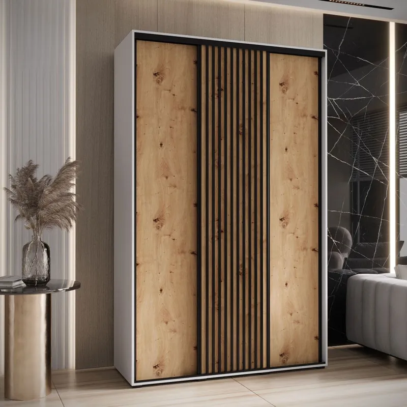 Letzte Chance Schiebetürenschrank Tharo in Weiß/Eiche, Metallgriffe in schwarz, auch für Wohnzimmer geeignet, platzsparend, viel Stauraum, 235,2 x 160 x 45 cm