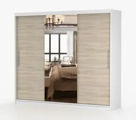 Kleiderschrank / Schiebetürenschrank mit Spiegel | 218 x 250 x 61 cm | Weiß / Eiche | Cevennen 08 | 3 Türen | 12 Fächer | viel Stauraum | Holzoptik Kostenloser Rückversand